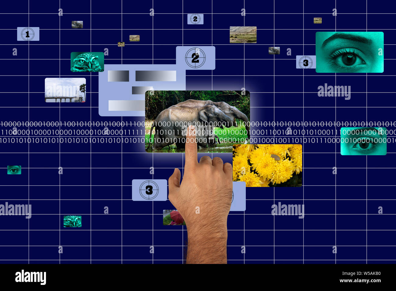Human finger selecting an image on virtual screen Stock Photo