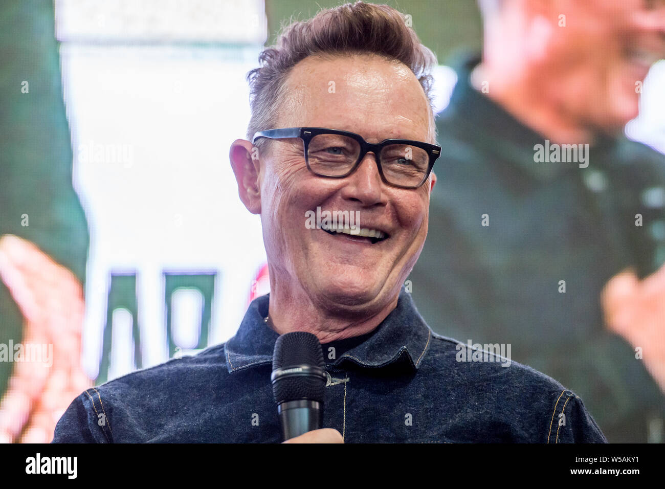 LONDON - JULY 27, 2019: American actor Robert Patrick (Terminator 2, X-Files) talks to the audience during the London Film & Comic Con 2019 at the Olympia Exhibition Center, Hammersmith. Editorial use only Stock Photo