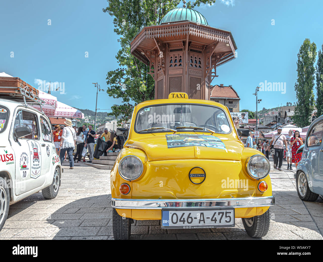 Celebrating 64. birthday of  'Fico' ( Zastava 750) car  with international meeting those cars on Bascarsija square. Stock Photo