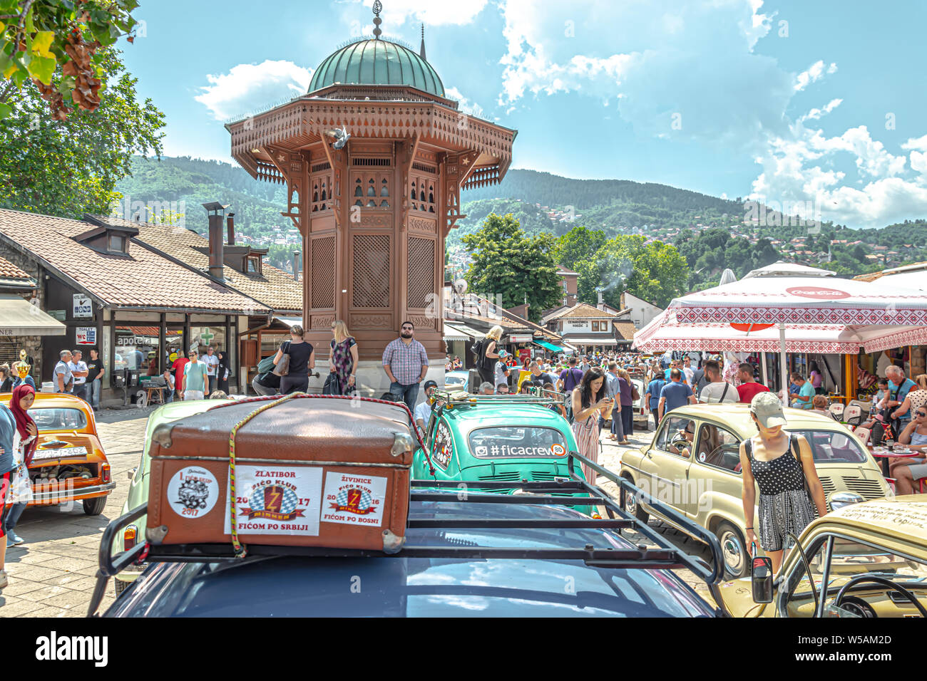 Celebrating 64. birthday of  'Fico' ( Zastava 750) car  with international meeting those cars on Bascarsija square. Stock Photo