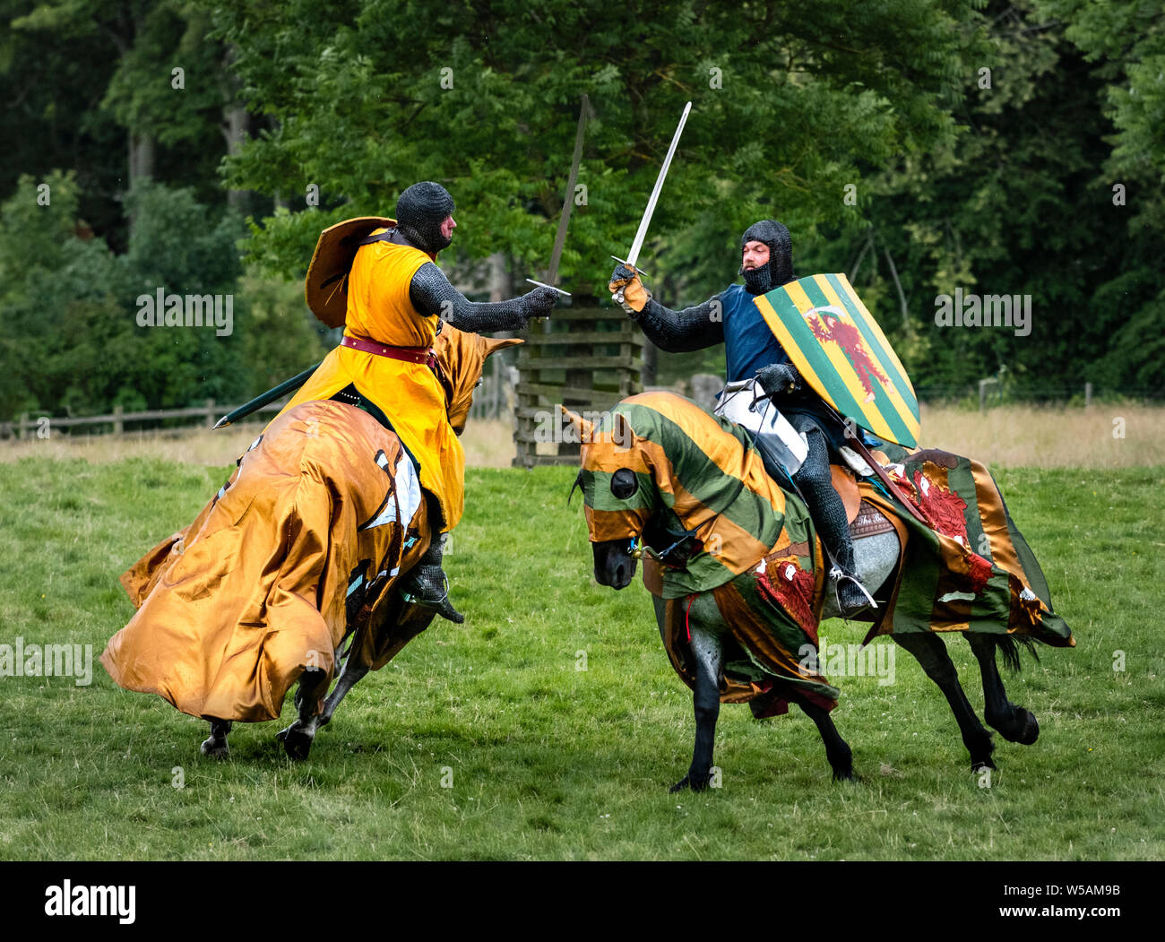 Mounted knights in medieval armour fighting on horseback during