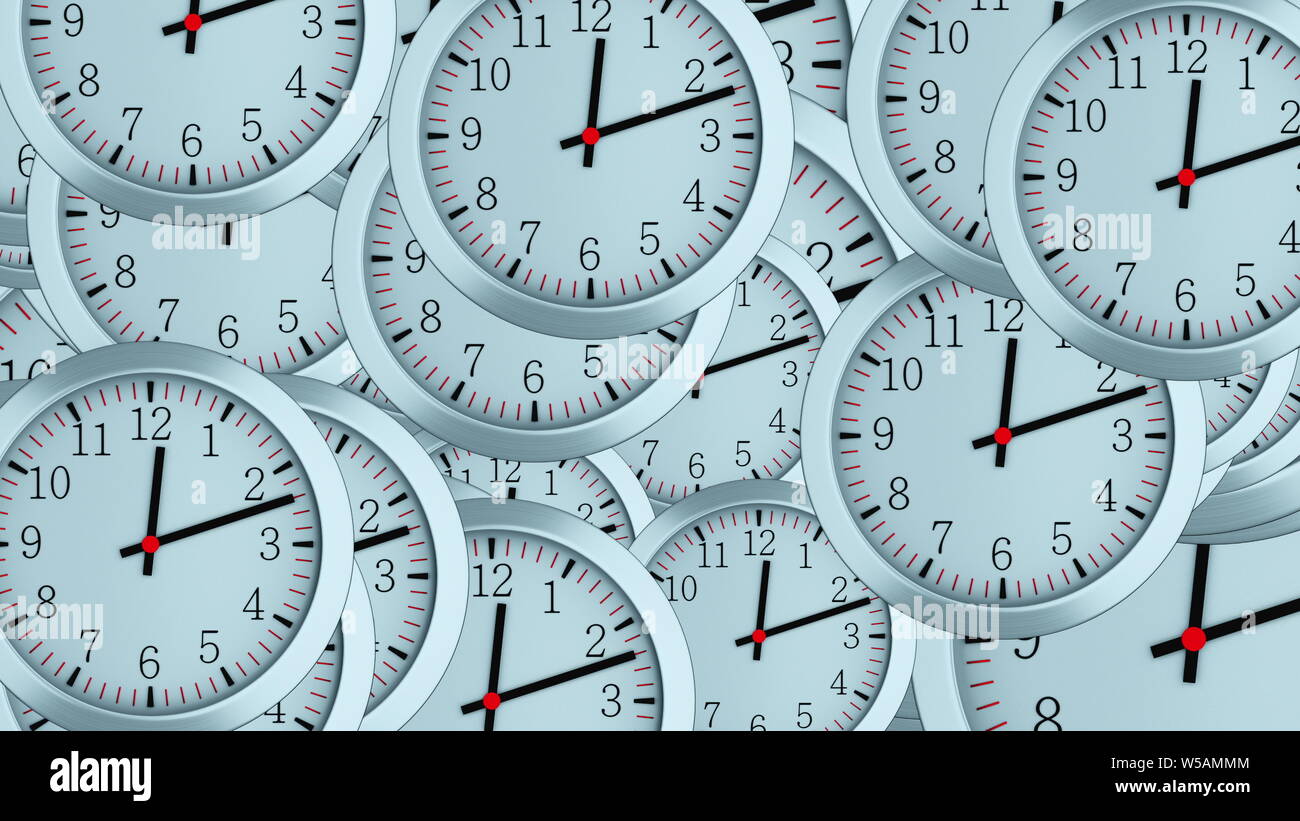 Many 3d simple clocks with hour, second and minute arrows, computer generated modern business backdrop Stock Photo