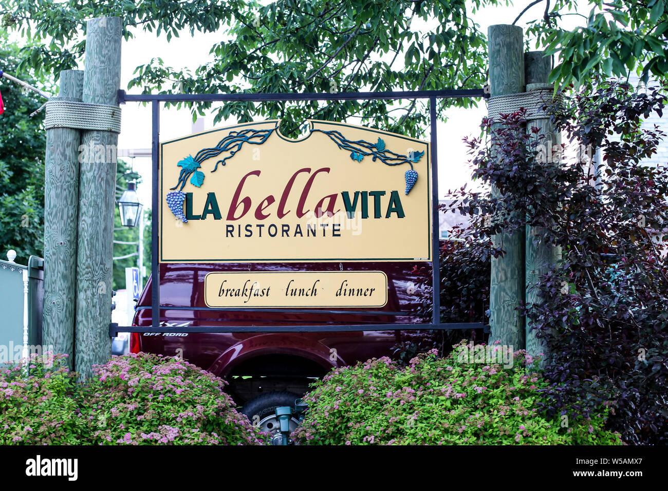 BAR HARBOR, MAINE - JULY 11, 2013:  Sign for La Bella Vita ristorante with great and tasty food in Bar Harbor. Stock Photo