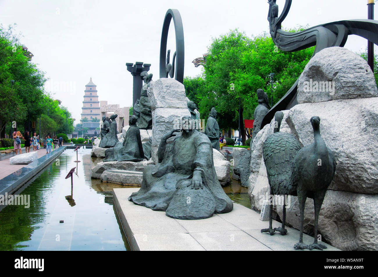 August 19, 2015. Xian China.  The Great Tang all day mall sculpture area near the Great Wild Goose Pagoda in Xian China on an overcast day in Shaanxi Stock Photo
