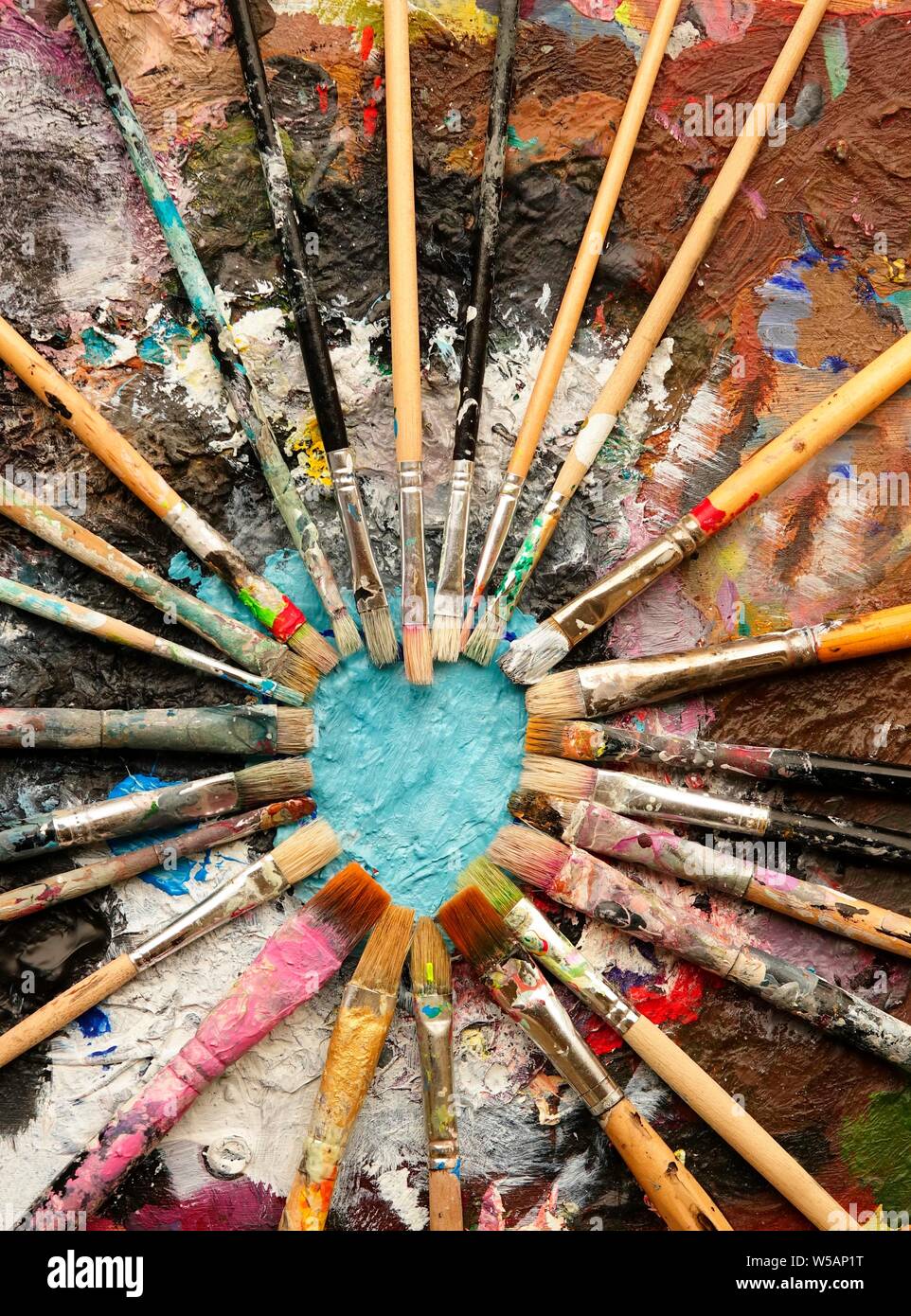 Many brushes, acrylic paint, artist's palette, Germany Stock Photo Alamy