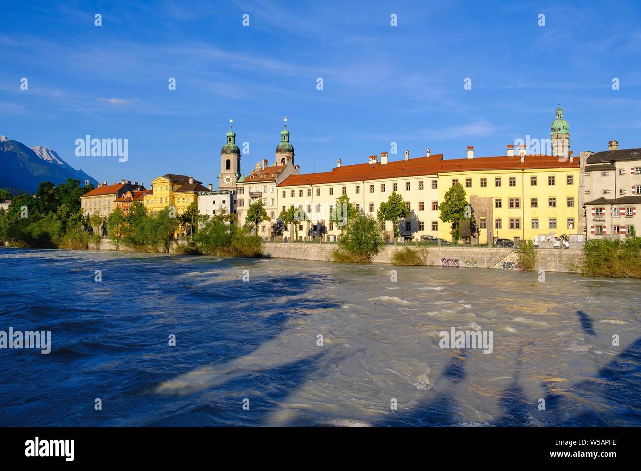 Inn with cathedral in Old Town, Innsbruck, Tyrol, Austria Stock Photo