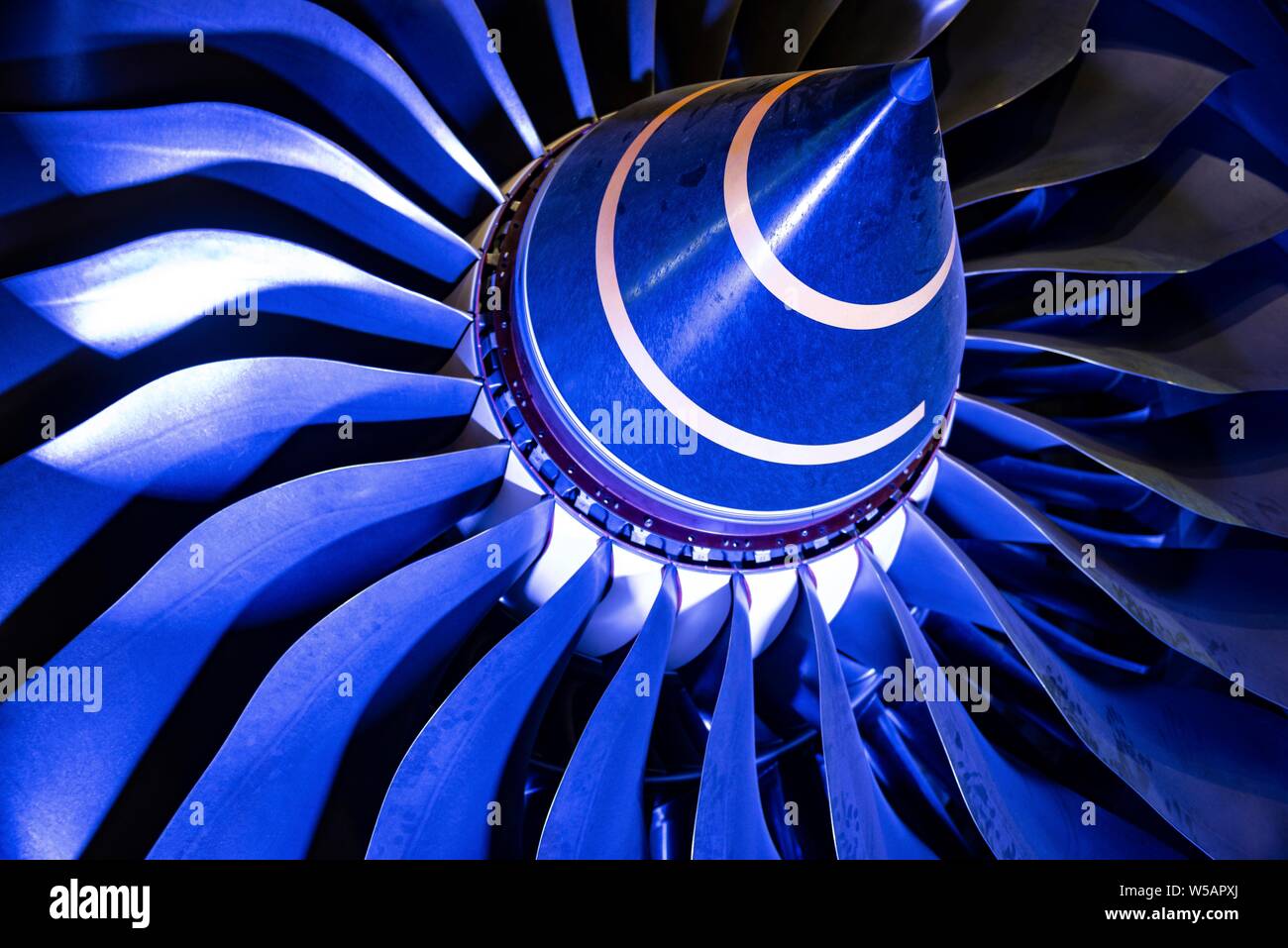 Aircraft engine, detail fan blades with nose, exhibition Paris Air Show, Paris, France Stock Photo