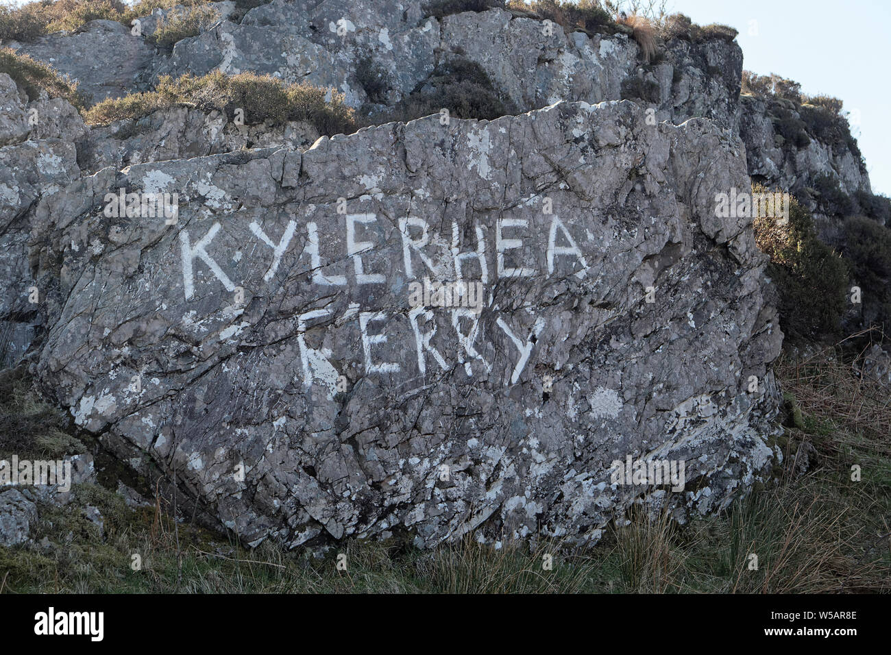 'Kylerhea Ferry' painted on rocks at the ferry landing Stock Photo