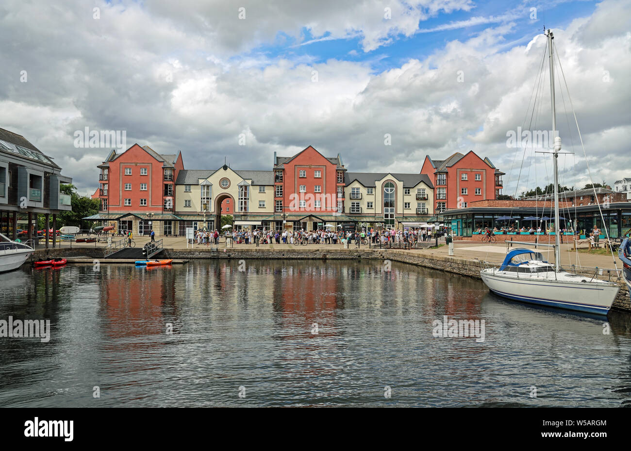 Exeter Quays at the end of the Exeter Shipping Canal, Europe’s oldest working shipping canal. A place of restuarants, shops including Rockfish. Stock Photo