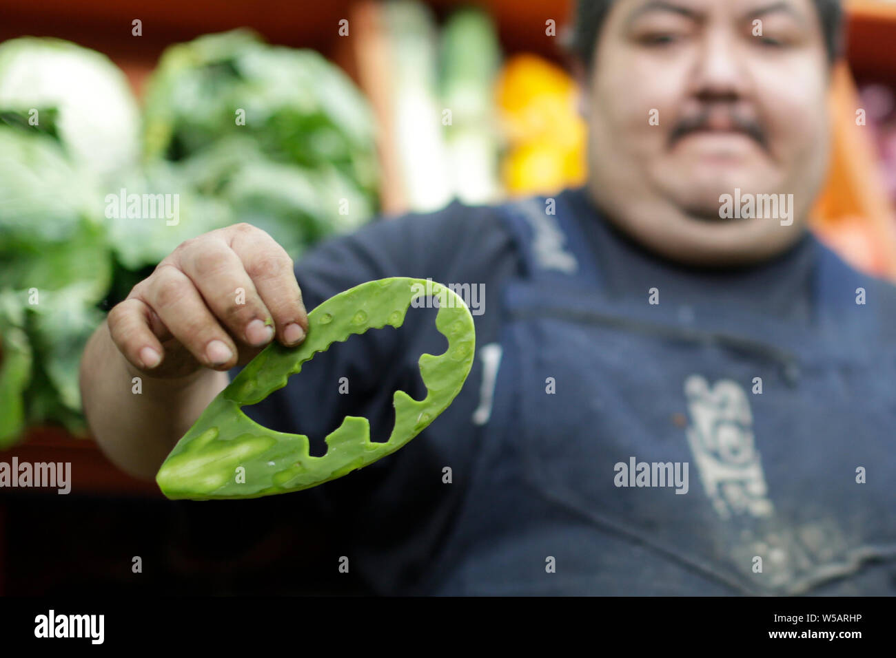 Mexico City, Mexico. 24th July, 2019. A vendor shows a dragon-shaped cactus leaf in Mexico City, capital of Mexico, July 24, 2019. By making cactus leaves of cartoon-like shape, the vendor hopes to encourage children to eat more vegetables and have a balanced diet. Credit: Francisco Canedo/Xinhua/Alamy Live News Stock Photo