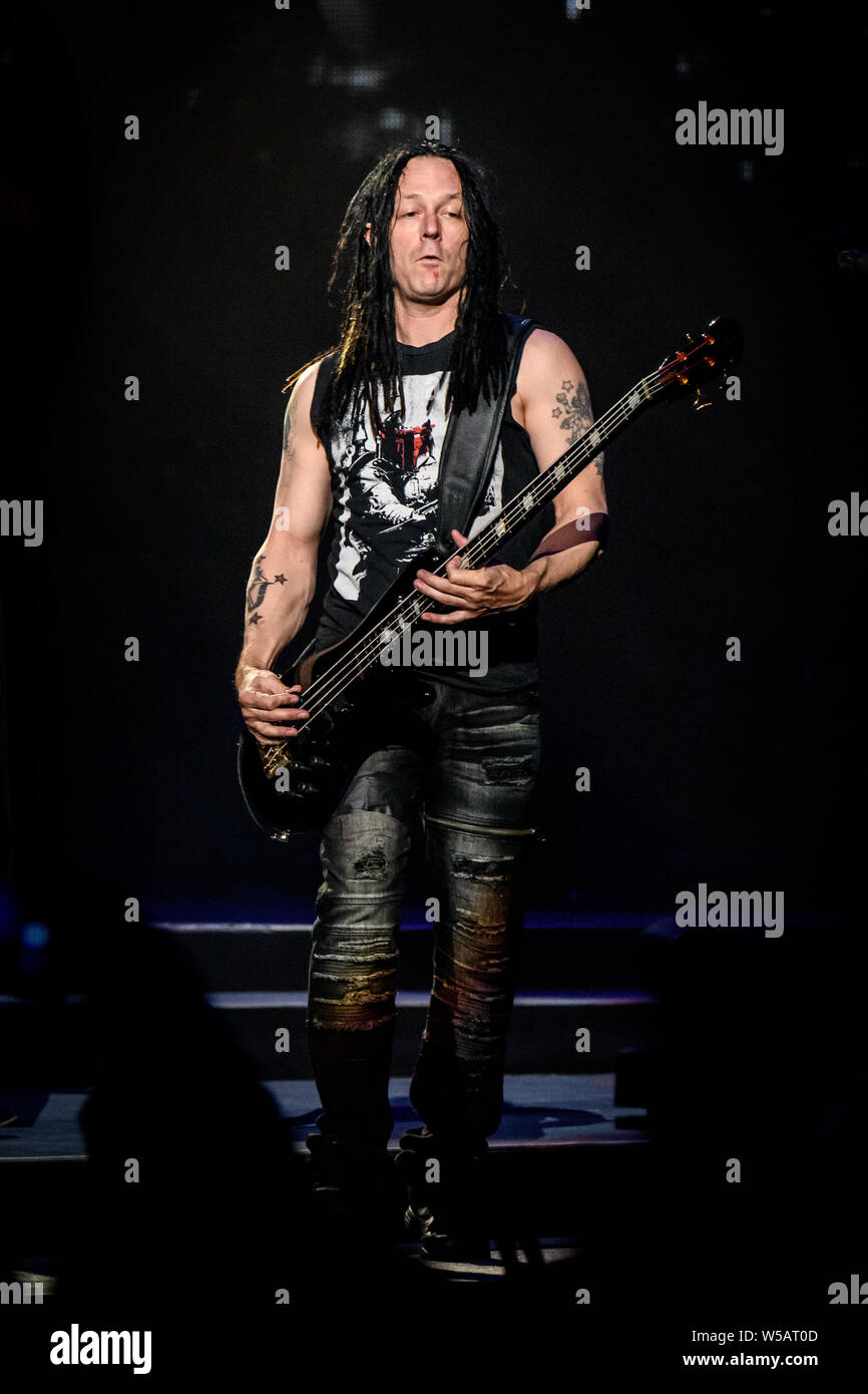 John Moyer a bassist of Disturbed American heavy metal band performed a