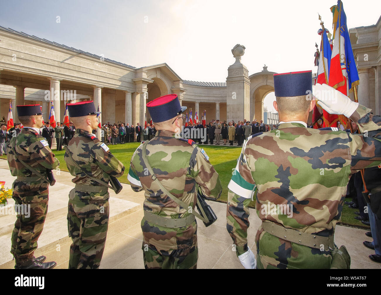 Wreath laying ceremony at the Faubourg d'Amiens Ceremony in Arras Northern France with French soldiers saluting Stock Photo