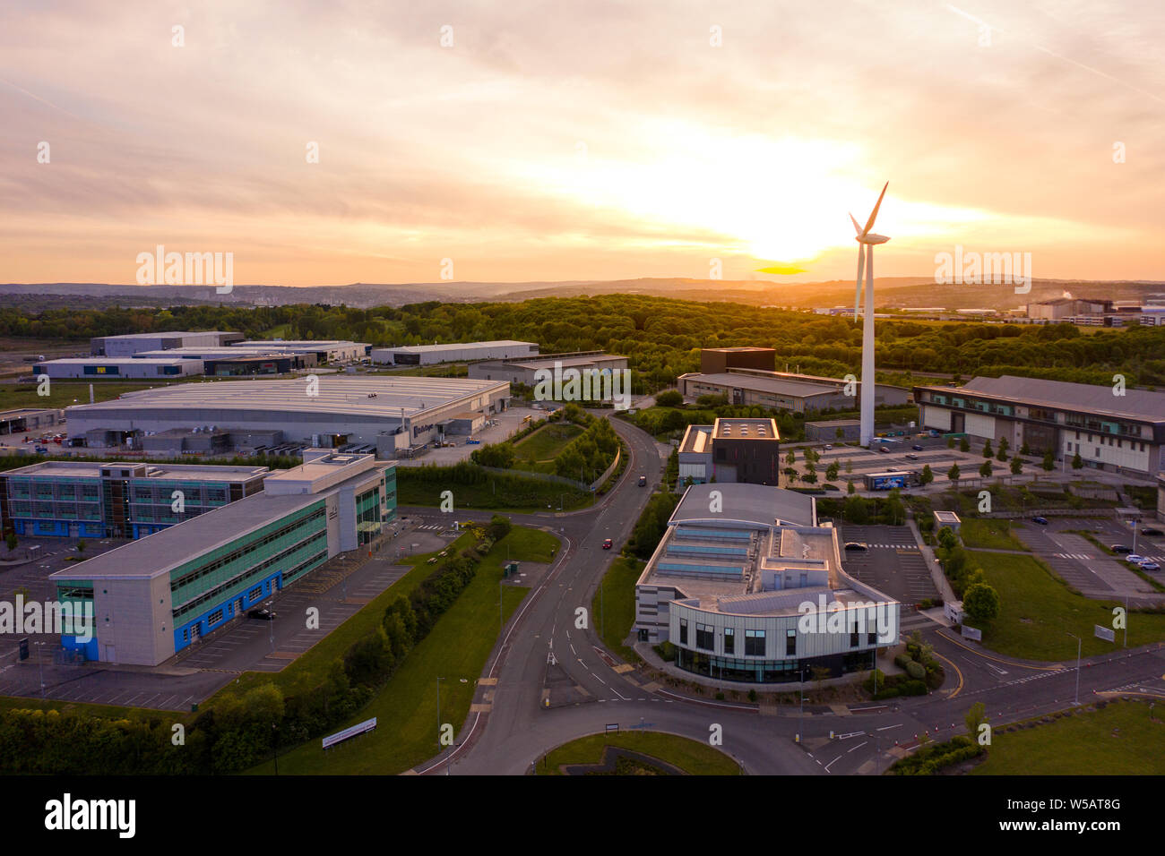 Aerial shot of the advanced manufacturing research centre sheffield. Taken during a beautiful sunset in May of 2019 Stock Photo