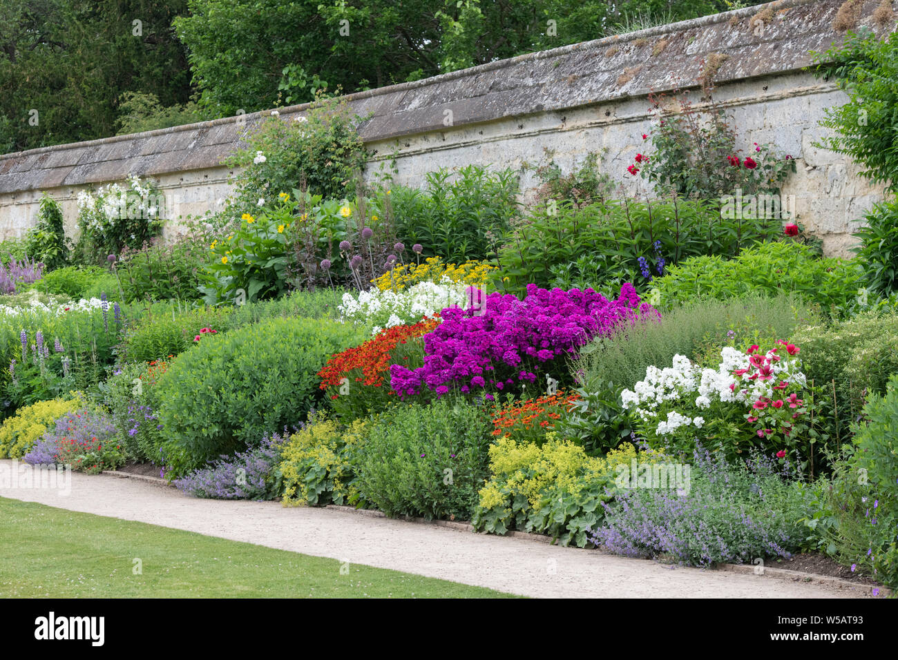 Herbaceous flower border in the summer at Oxford Botanic garden, Oxford, Oxfordshire, England Stock Photo