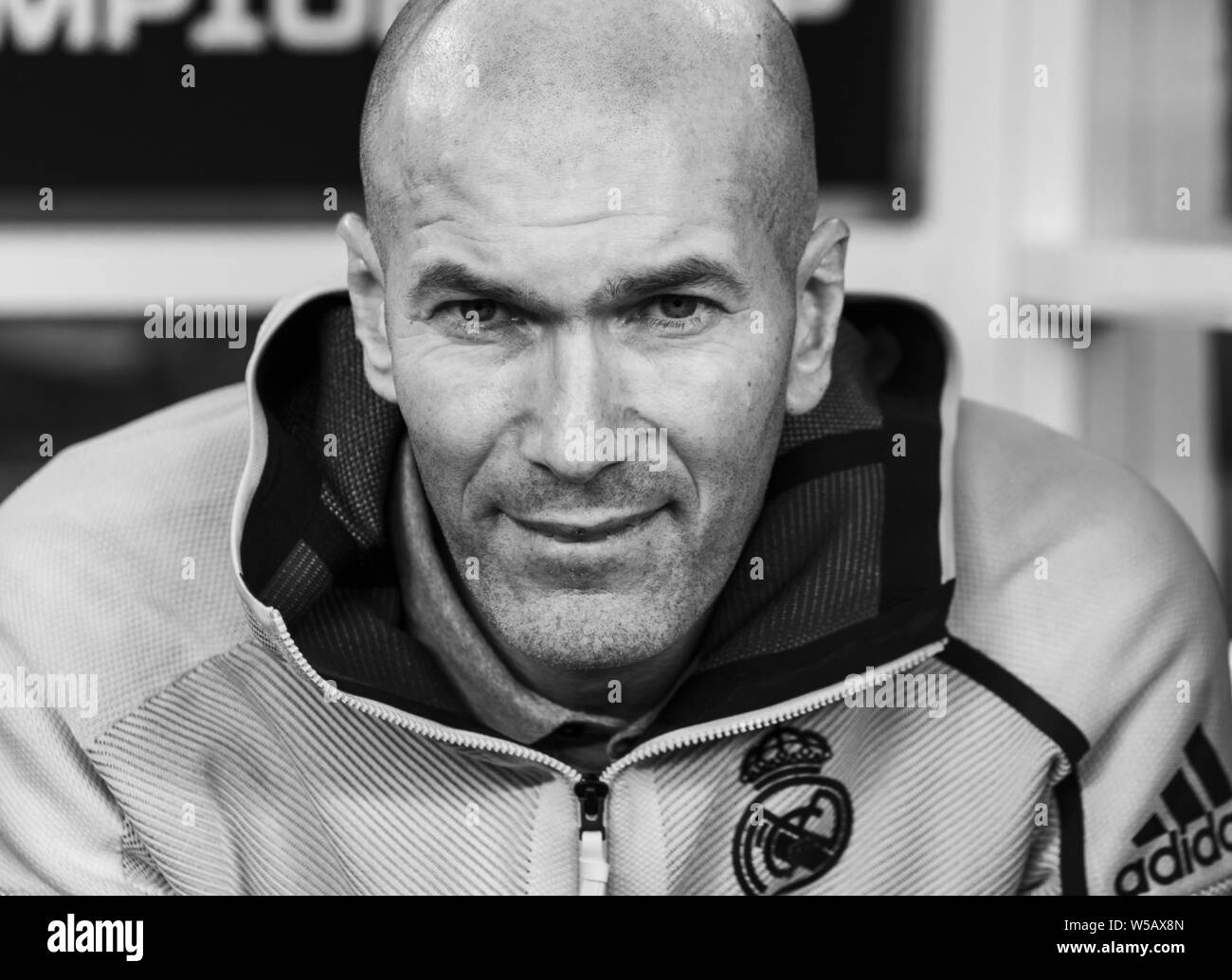 East Rutherford, NJ - July 26, 2019: Real Madrid head coach Zinedine Zidane shown during game against Atletico Madrid as part of ICC tournament at Metlife stadium Atletico won 7 - 3 Stock Photo