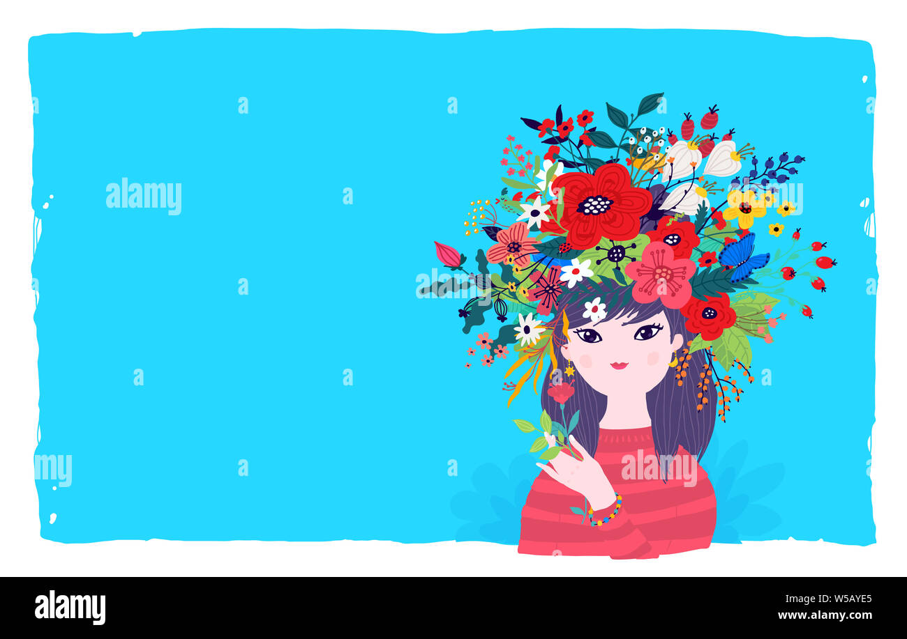 Illustration Of A Spring Girl In A Wreath Of Flowers On A Blue