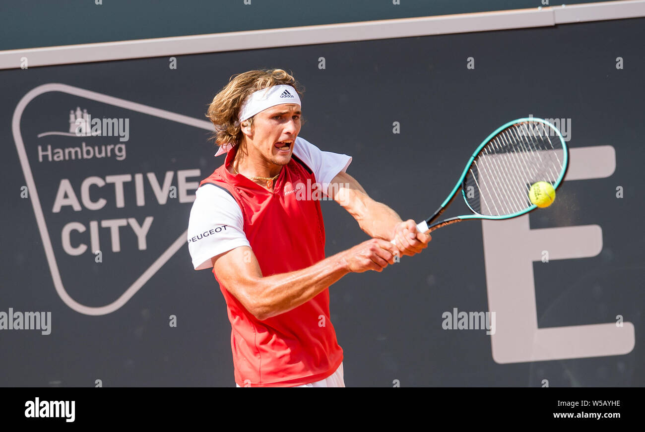 Hamburg, Germany. 27th July, 2019. Tennis, ATP-Tour, Hamburg European Open,  singles, men, semi-final in the stadium at Rothenbaum: Bassilaschwili  (Georgia) - Zverev (Germany). Alexander Zverev in action. Credit: Daniel  Bockwoldt/dpa/Alamy Live News