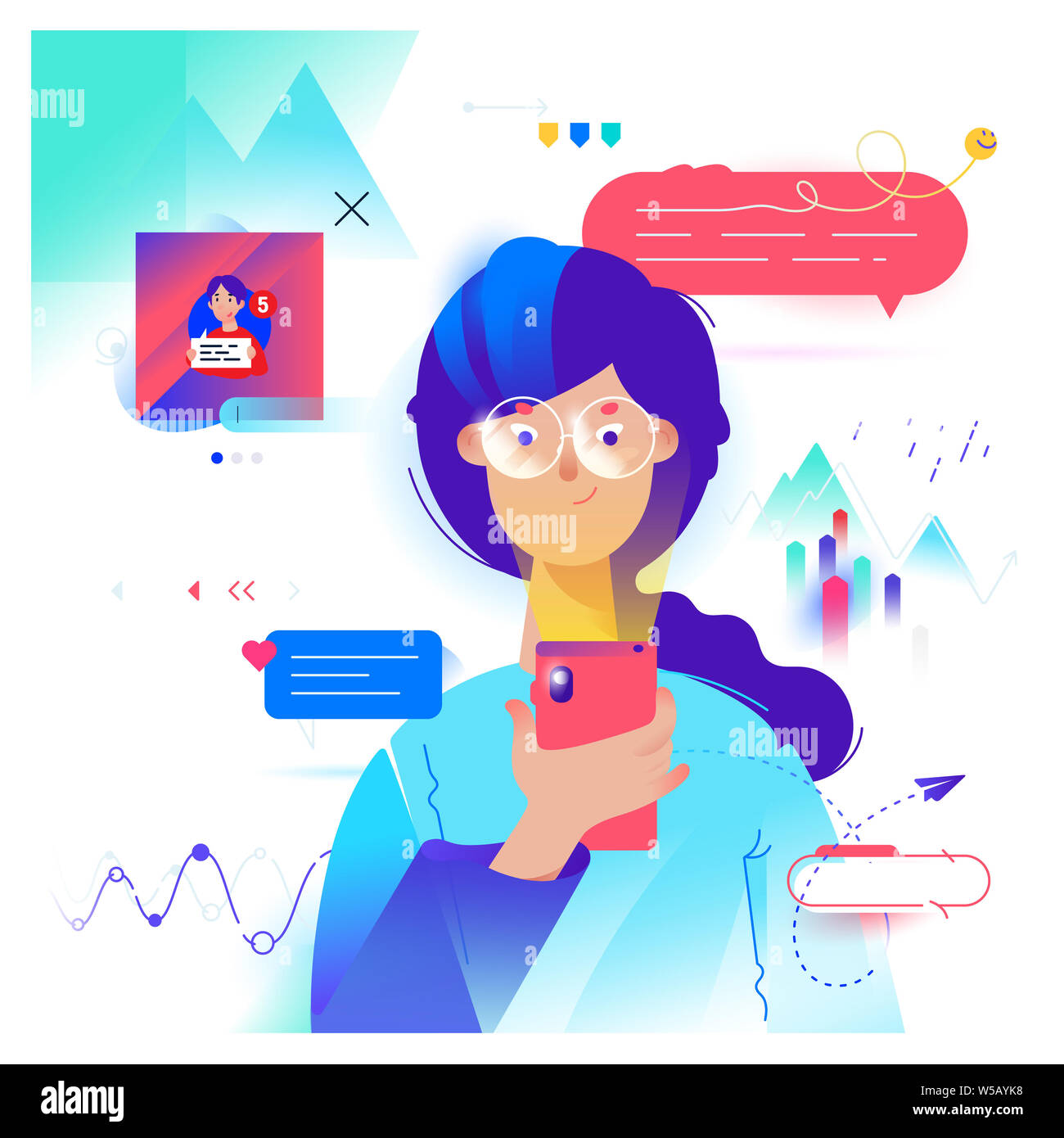 Cartoon girl communicates by phone in the messenger. Vector. Cute female image. Woman chatting and social networks. Illustration for banner or website Stock Photo