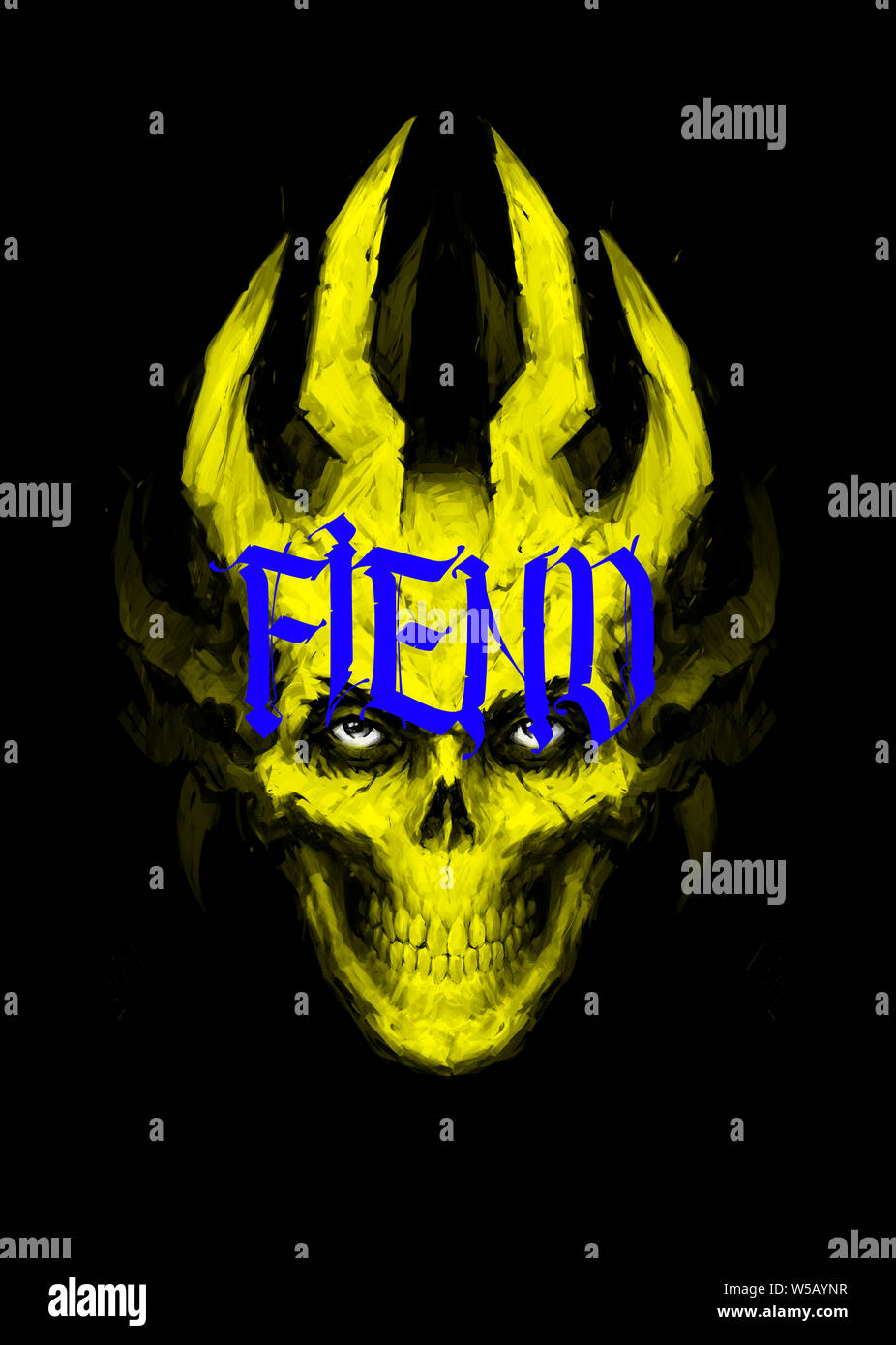 Illustration of a yellow skull with horns and an inscription. Image is