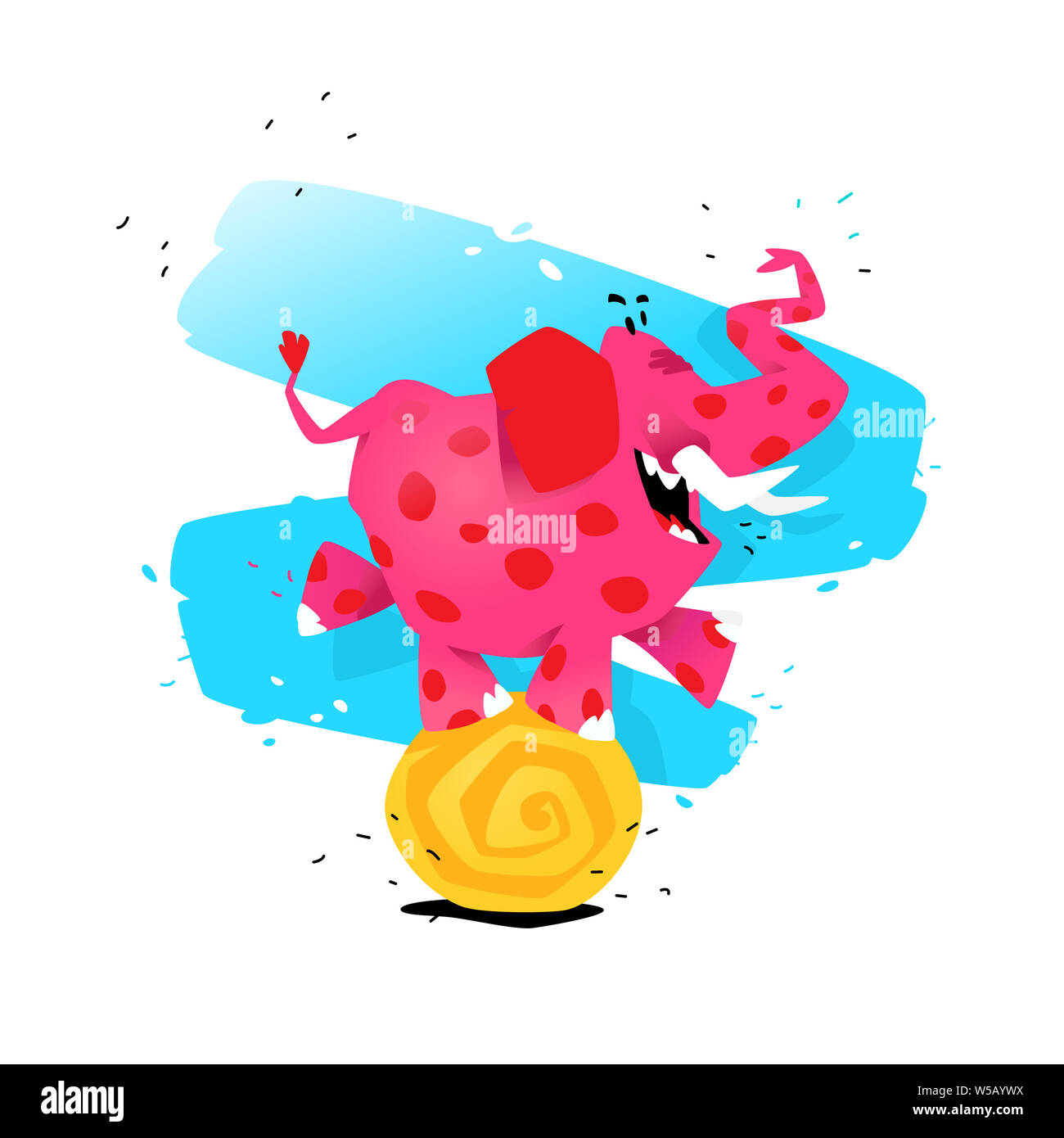 Illustration of a cartoon pink elephant on a ball. Vector illustration. Image is isolated on white background. Illustration for a banner, congratulati Stock Photo