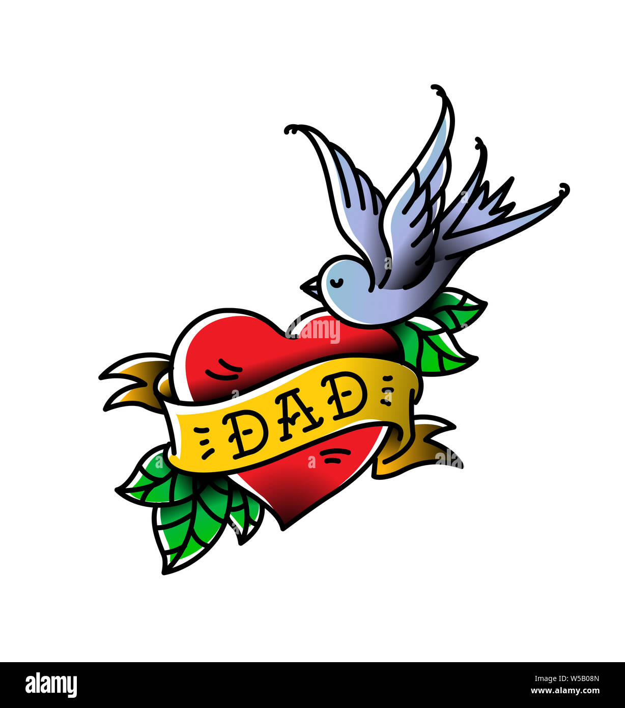 A tattoo with the inscription of Dad. Heart tattoo with a birdie. Tattoo in the style of the American old school. Raster flat tattoo. The illustration Stock Photo