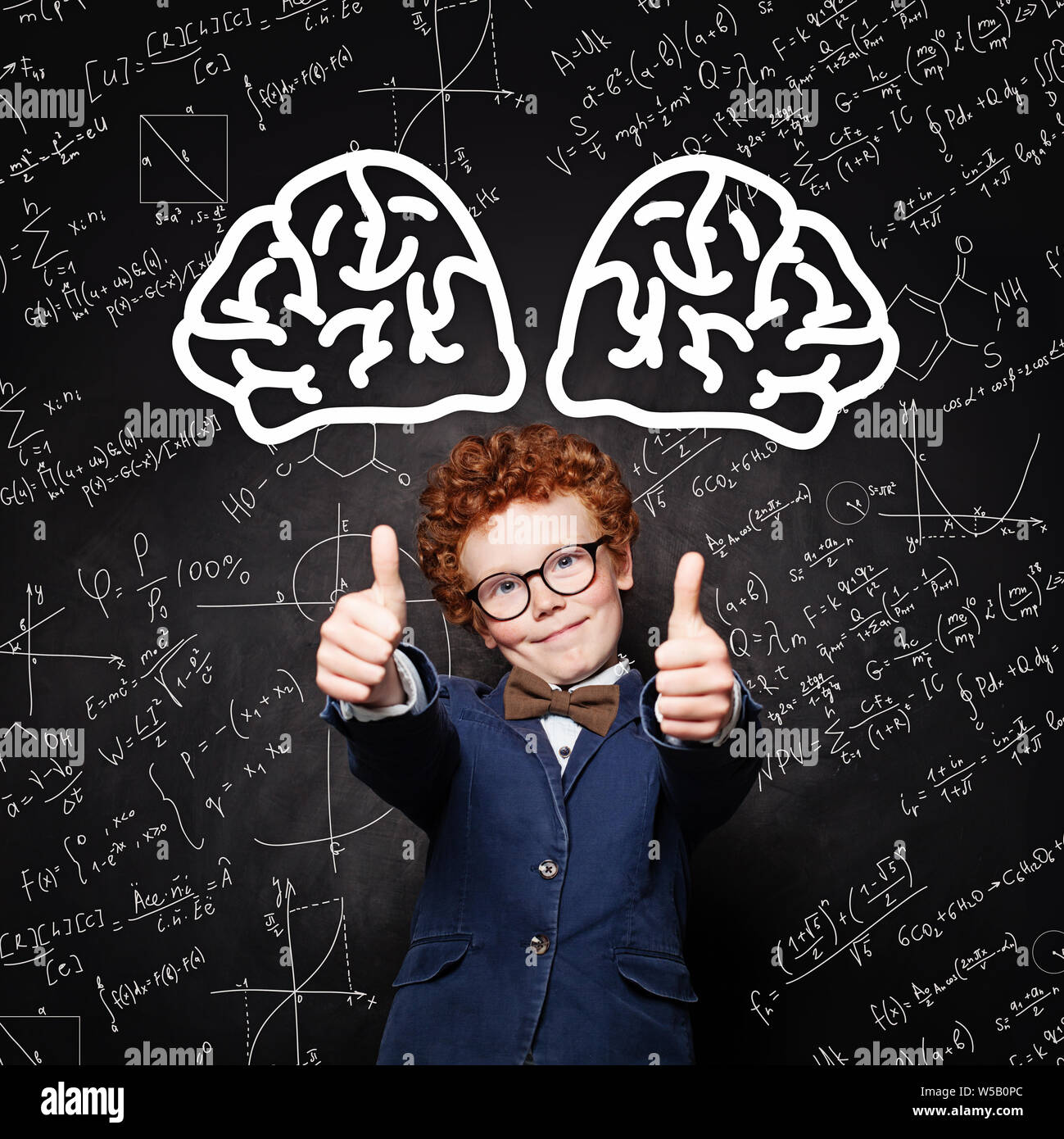 Happy successful school boy in glasses on science background. Learn science  and science power concept Stock Photo - Alamy