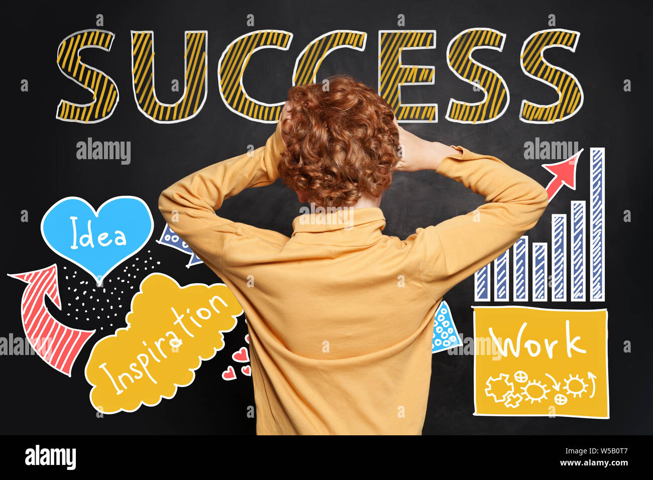 Kid looking at success inscription hand drawing sketch analytics charts ...