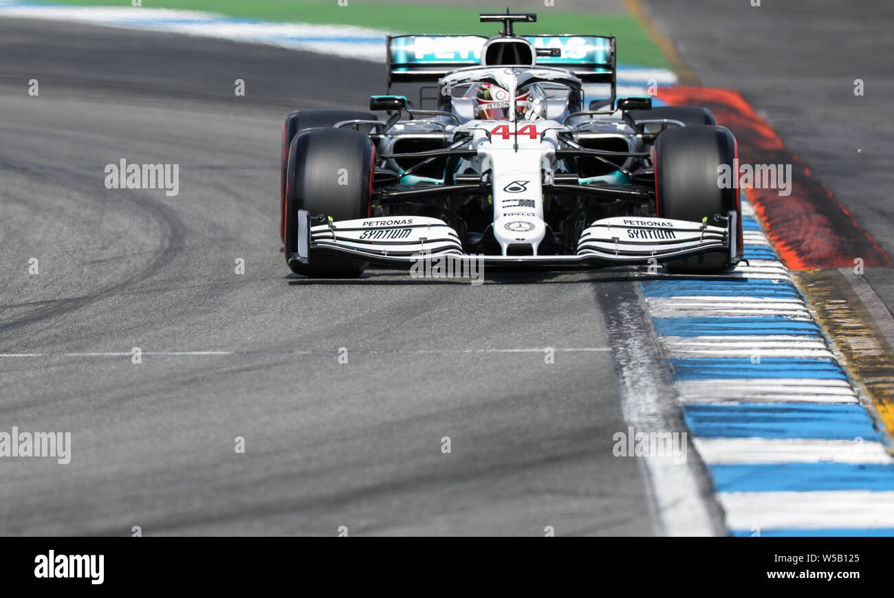 Hockenheim, Germany. 27th July, 2019. Motorsport: Formula 1 World Championship, Grand Prix of Germany. Lewis Hamilton from Great Britain of the Mercedes-AMG Petronas team drives across the track in qualifying. Credit: Jan Woitas/dpa-Zentralbild/dpa/Alamy Live News Stock Photo