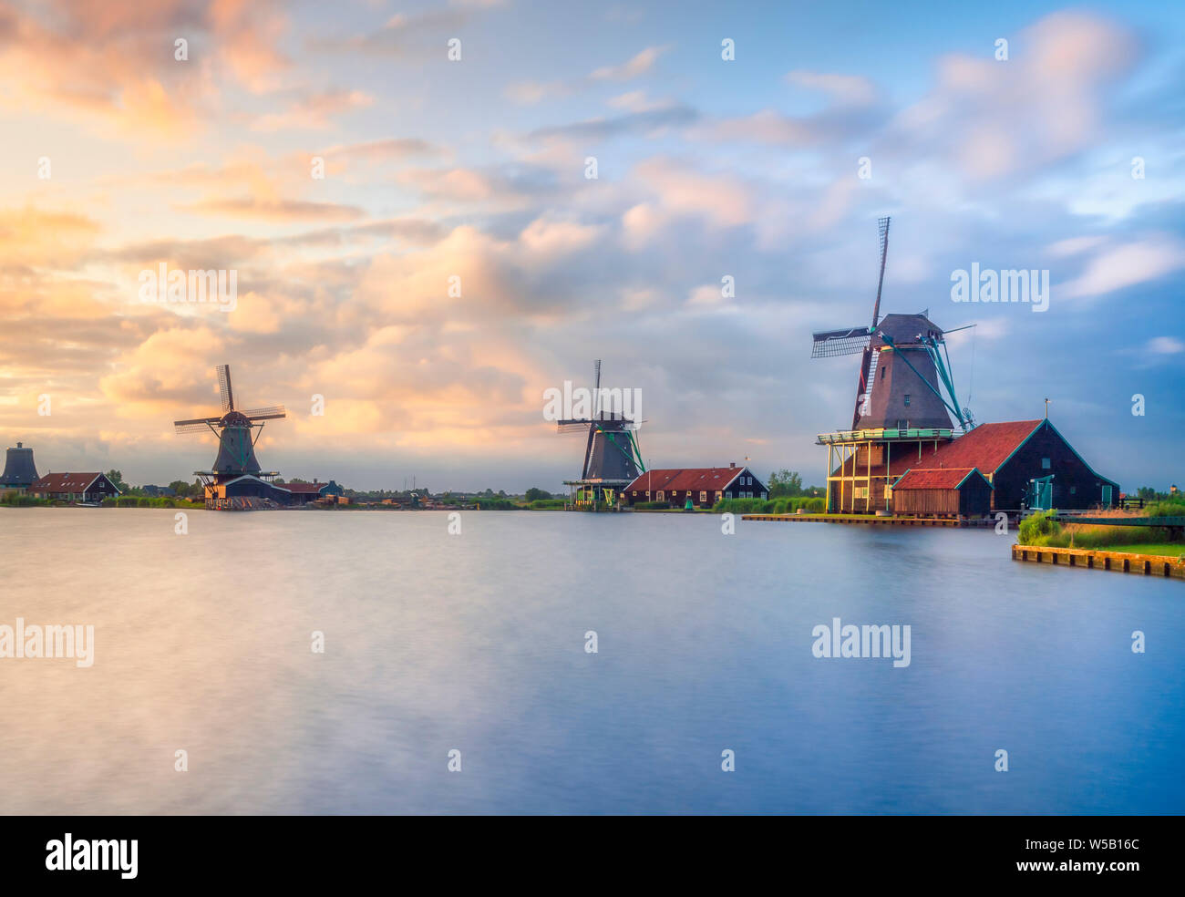 Old windmills, Zaanse Schans, open-air museum, Zaanstad, North Holland, Holland, Netherlands Stock Photo