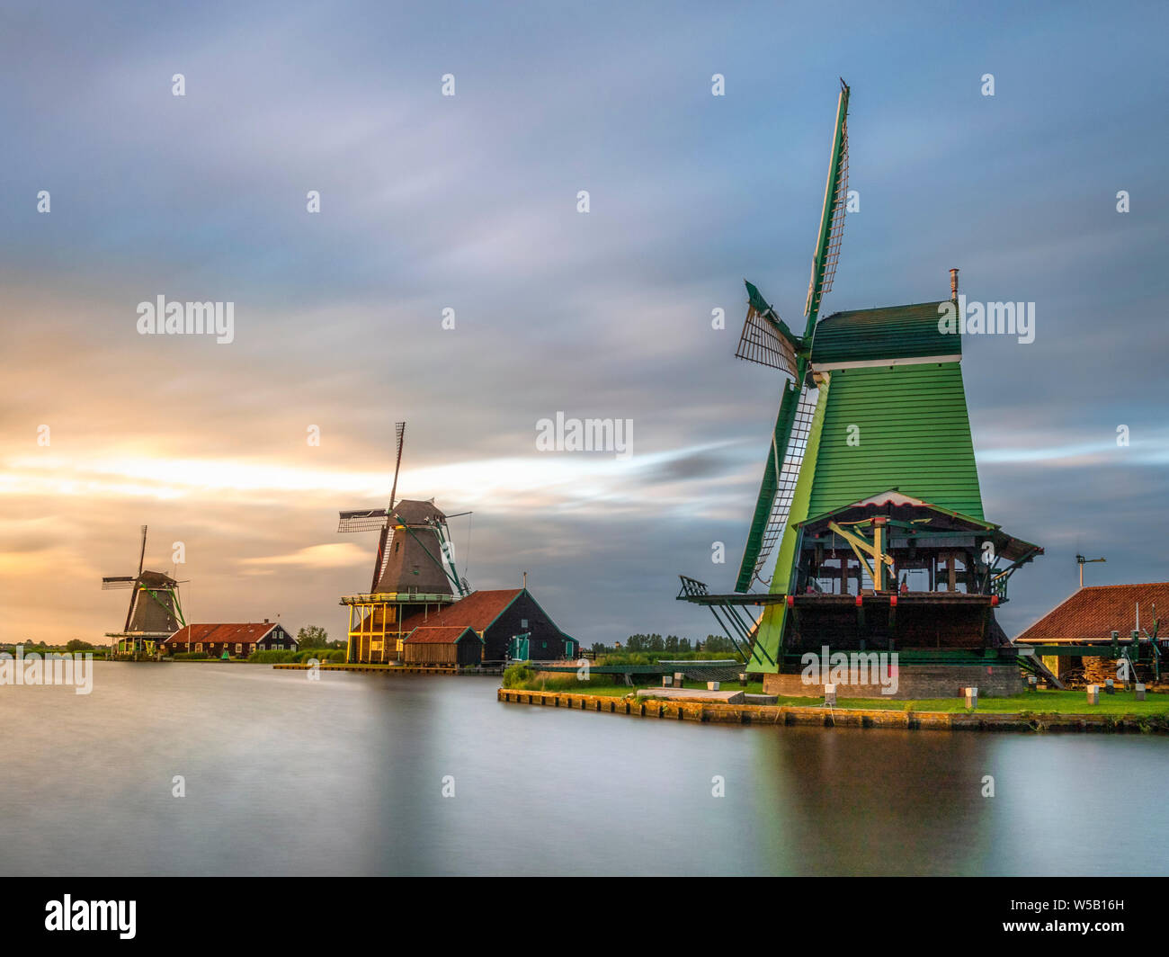Old windmills, Zaanse Schans, open-air museum, Zaanstad, North Holland, Holland, Netherlands Stock Photo