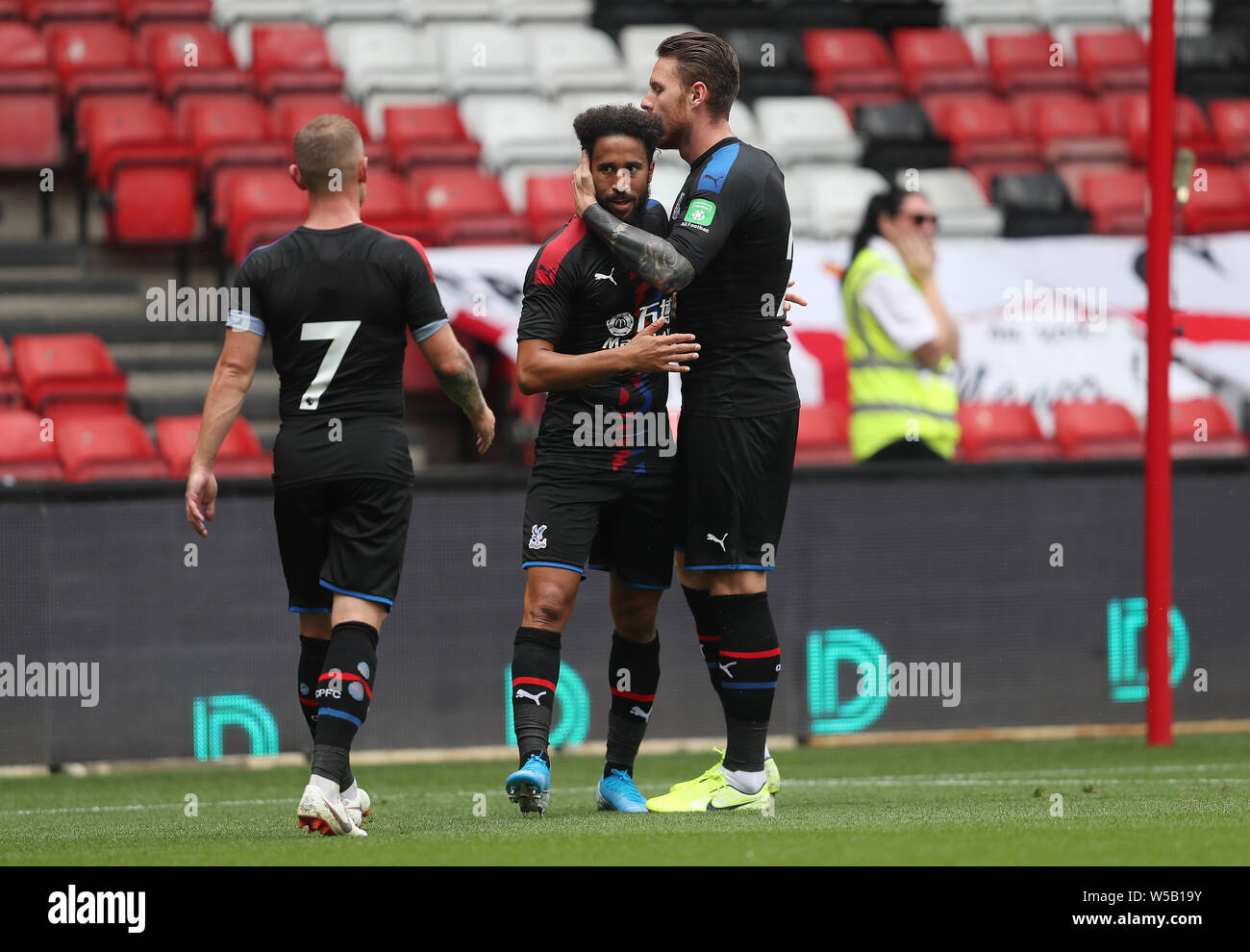 Crystal Palace's Andros Townsend celebrates the fifth goal with Connor Wickham during the pre-season friendly match at Ashton Gate, Bristol. Stock Photo
