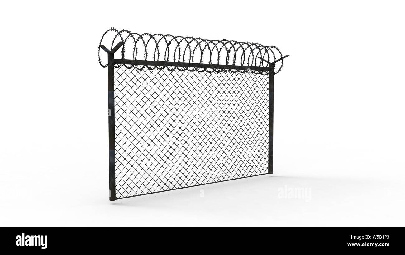 3d rendering of a fence with barbed wire isolated in white studio ...