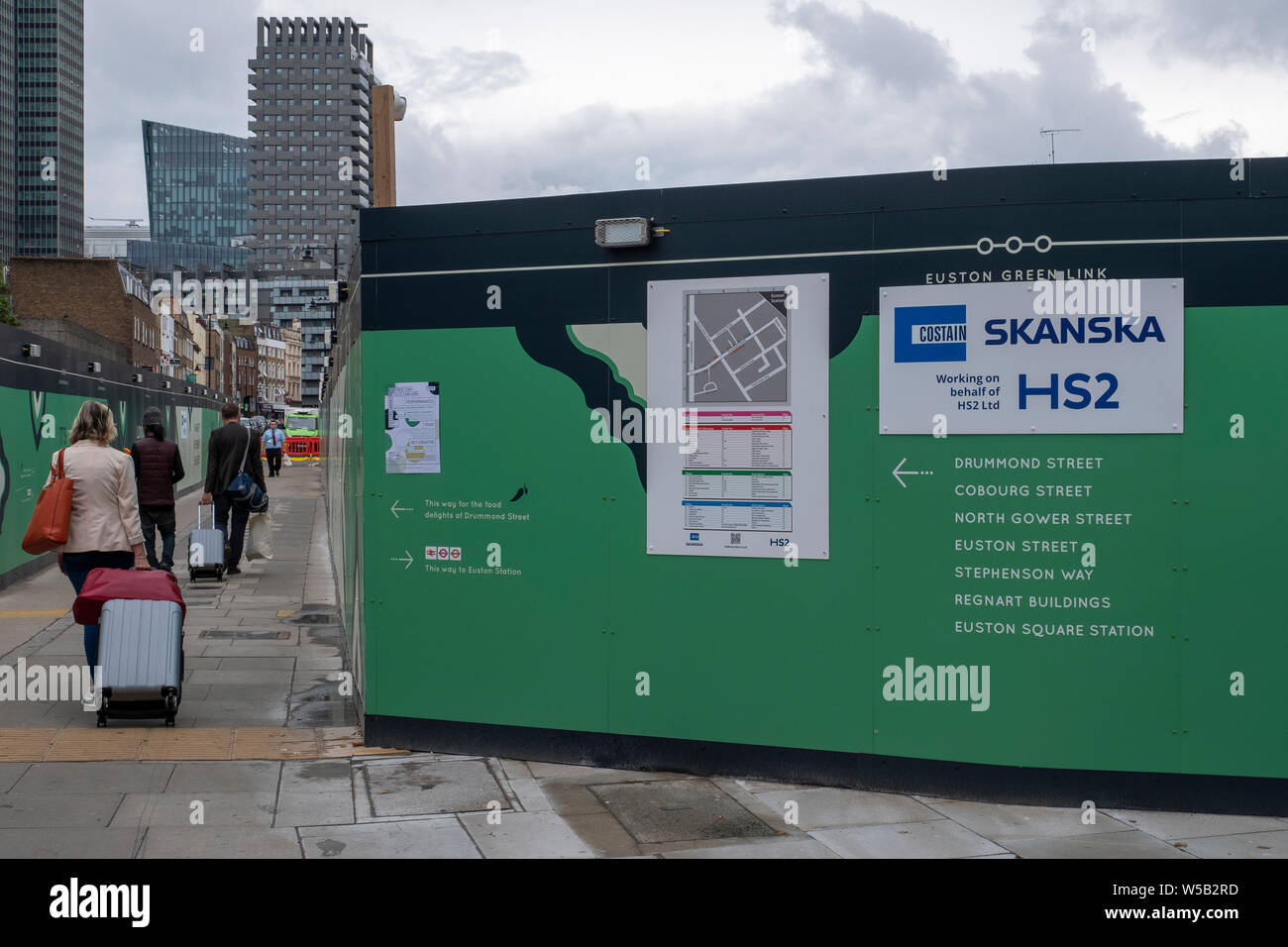 July 2019, HS2 construction signage around Euston Station in London, on ...