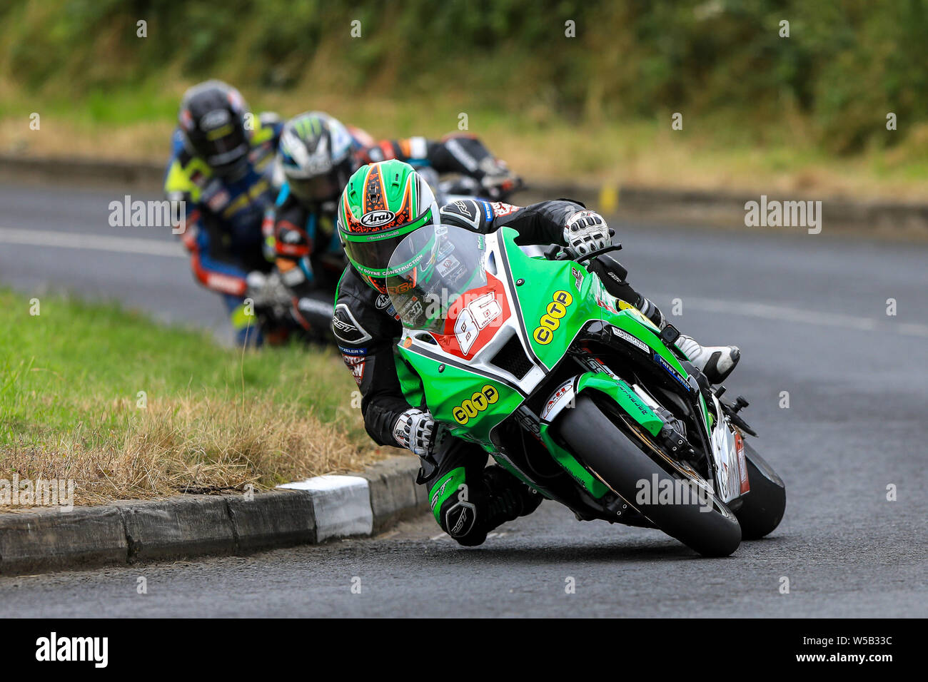 Armoy, Northern Ireland. 27th July, 2019. Armoy Road Races The Race of Legends; Derek McGee (NJ Doyne/ McGee Kawasaki) leads Michael Dunlop and Derek Shiels during the early stages of The Race of Legends Credit: Action Plus Sports/Alamy Live News Stock Photo