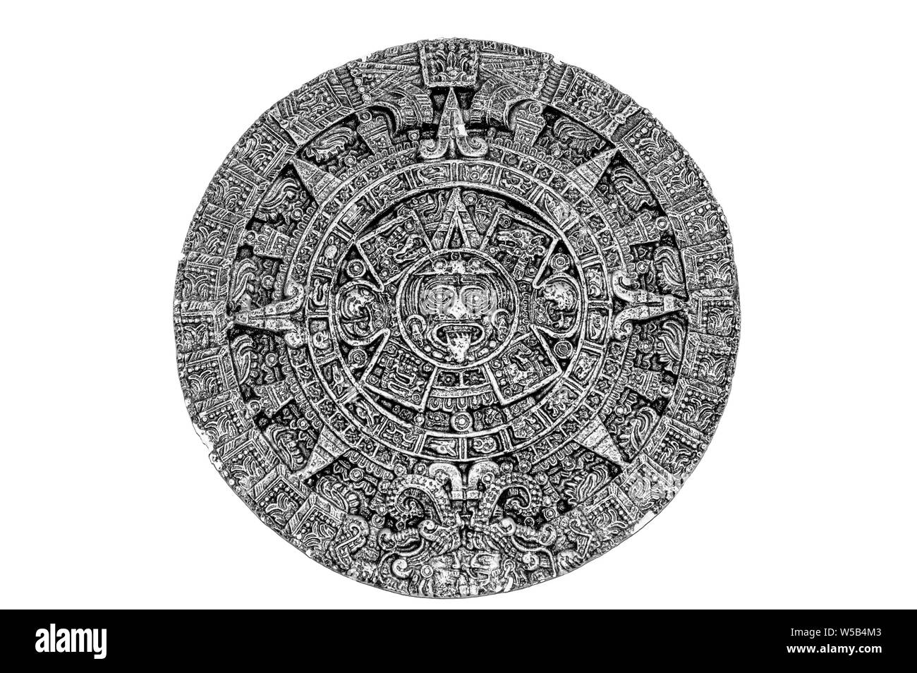 An ancient Aztec calendar which was once used by native North American people. Monochrome. Stock Photo