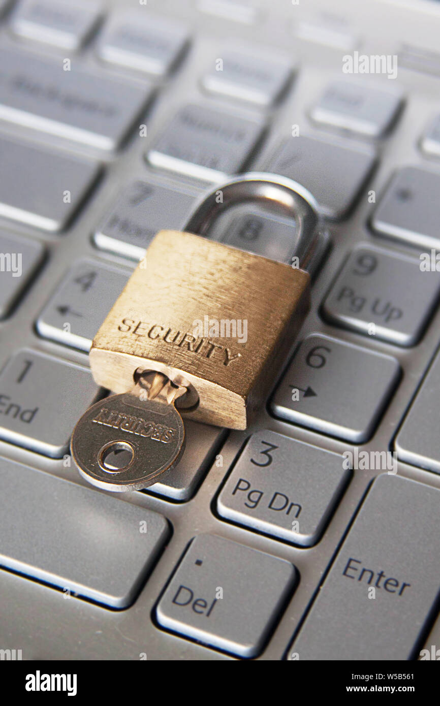 Work and safety concept with laptop and padlock. Online security