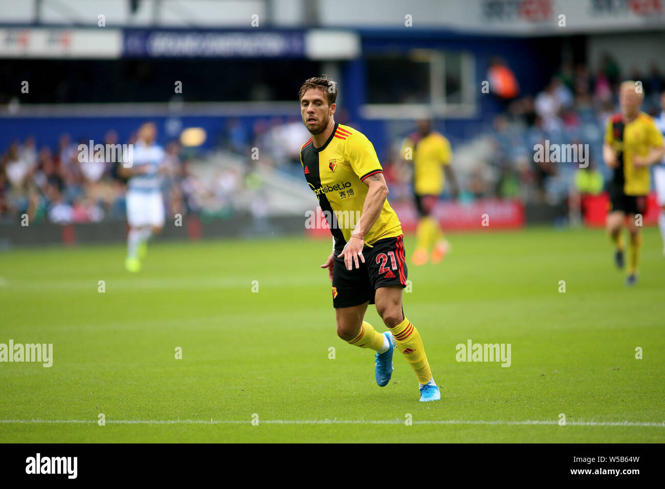 London, UK. 27th July, 2019. Kiko Femenia of Watford in action during pre-season football friendly match, Queens Park Rangers v Watford at Loftus Road Stadium in London on Saturday 27th July 2019. this image may only be used for Editorial purposes. Editorial use only, license required for commercial use. No use in betting, games or a single club/league/player publications. pic by Tom Smeeth/Andrew Orchard sports photography/Alamy Live news Credit: Andrew Orchard sports photography/Alamy Live News Stock Photo