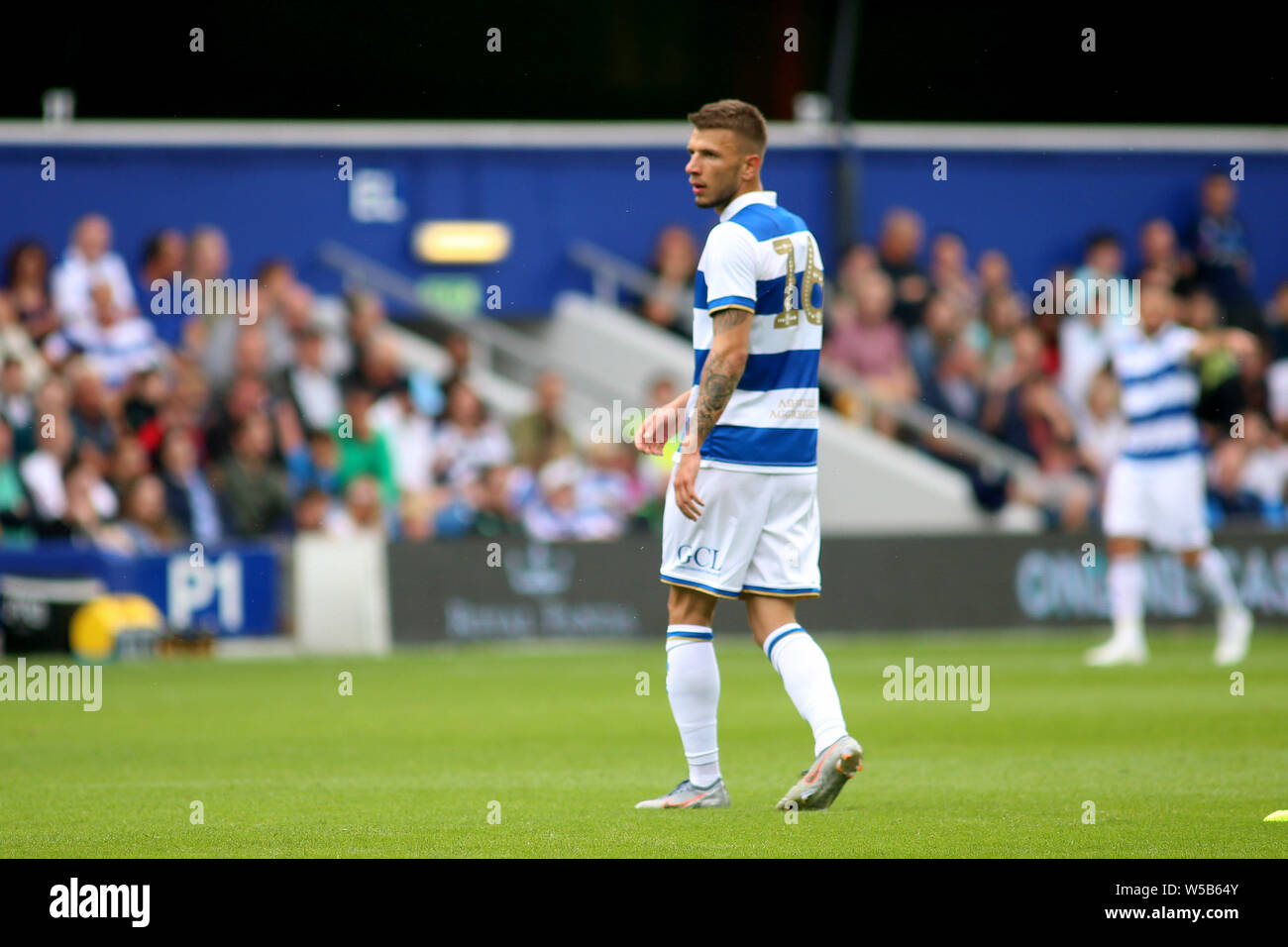London, UK. 27th July, 2019. pre-season football friendly match, Queens Park Rangers v Watford at Loftus Road Stadium in London on Saturday 27th July 2019. this image may only be used for Editorial purposes. Editorial use only, license required for commercial use. No use in betting, games or a single club/league/player publications. pic by Tom Smeeth/Andrew Orchard sports photography/Alamy Live news Credit: Andrew Orchard sports photography/Alamy Live News Stock Photo