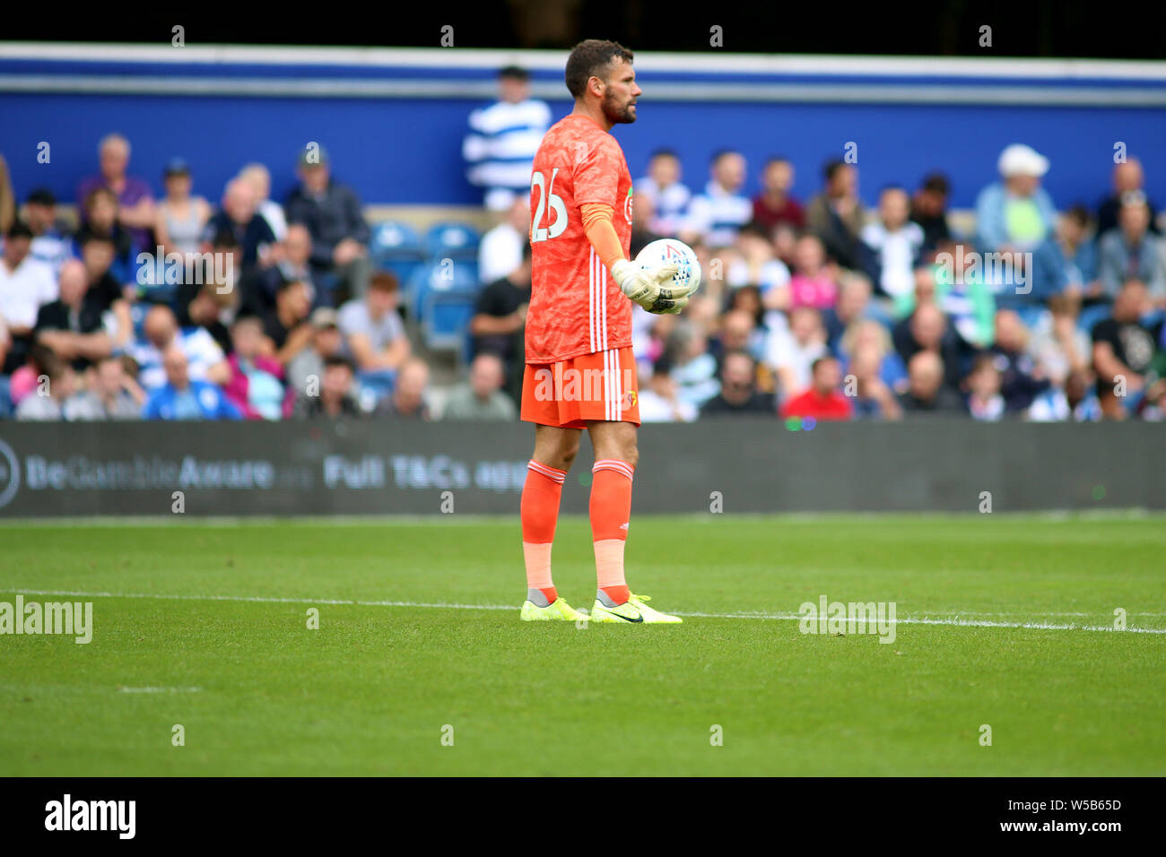 London, UK. 27th July, 2019. Ben Forster, the goalkeeper of Watford during pre-season football friendly match, Queens Park Rangers v Watford at Loftus Road Stadium in London on Saturday 27th July 2019. this image may only be used for Editorial purposes. Editorial use only, license required for commercial use. No use in betting, games or a single club/league/player publications. pic by Tom Smeeth/Andrew Orchard sports photography/Alamy Live news Credit: Andrew Orchard sports photography/Alamy Live News Stock Photo
