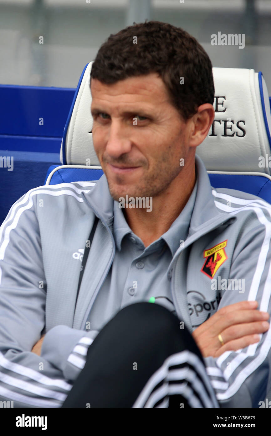 London, UK. 27th July, 2019. Javi Gracia manger of Watford during pre-season football friendly match, Queens Park Rangers v Watford at Loftus Road Stadium in London on Saturday 27th July 2019. this image may only be used for Editorial purposes. Editorial use only, license required for commercial use. No use in betting, games or a single club/league/player publications. pic by Tom Smeeth/Andrew Orchard sports photography/Alamy Live news Credit: Andrew Orchard sports photography/Alamy Live News Stock Photo