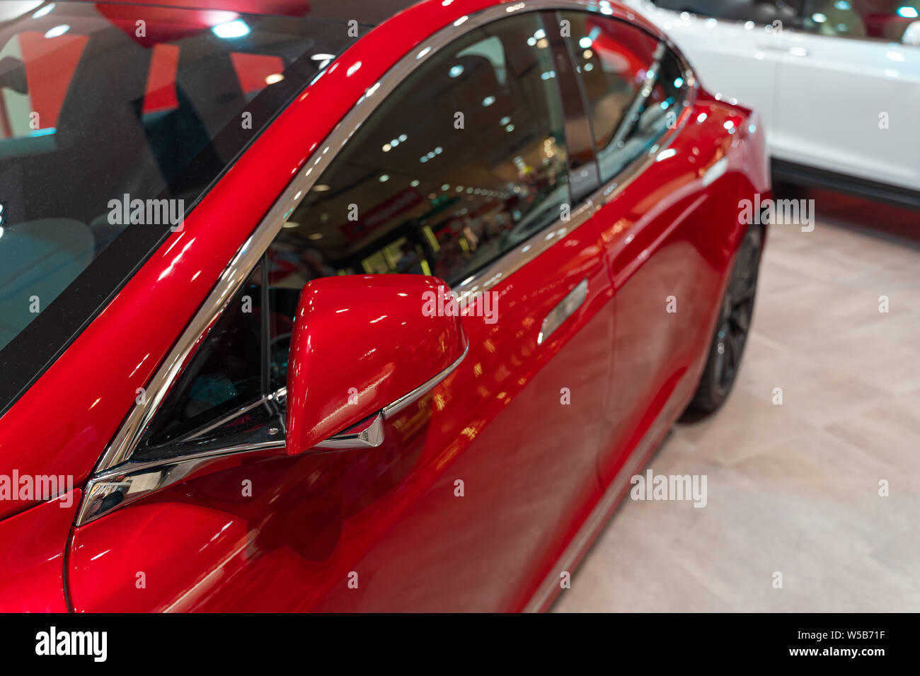 Valencia, Spain July 21, 2019 Tesla Model S electric car on display