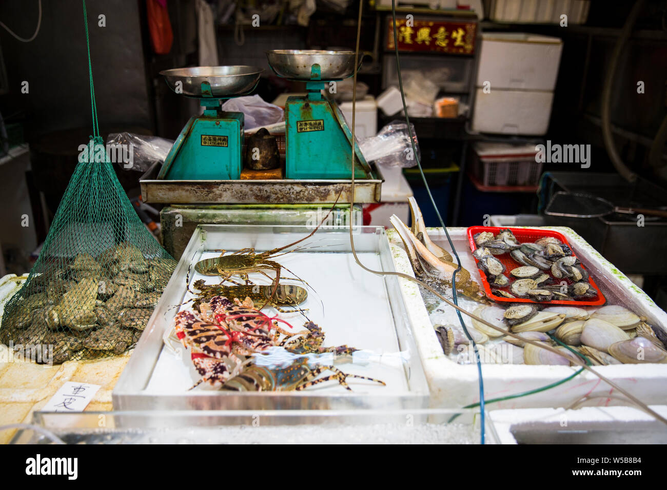 Live seafood at a fishmonger stall inside Fa Yuen market. Hong Kong Stock Photo