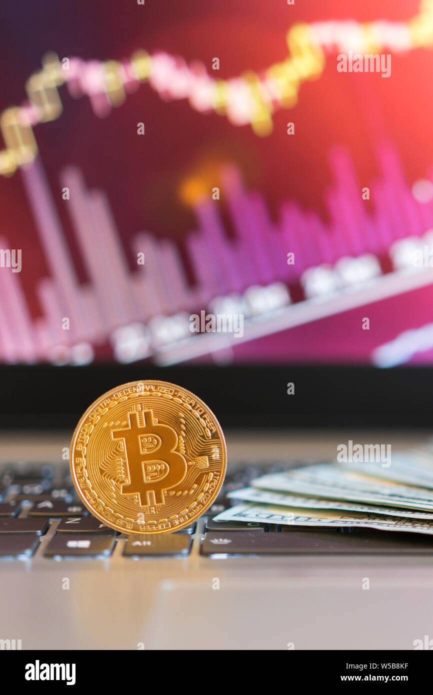 bitcoin, chart and us dollar. Finance trading. Dollar bills laying on a  laptop with bitcoin charts on a blurred background. vertical photo Stock  Photo - Alamy