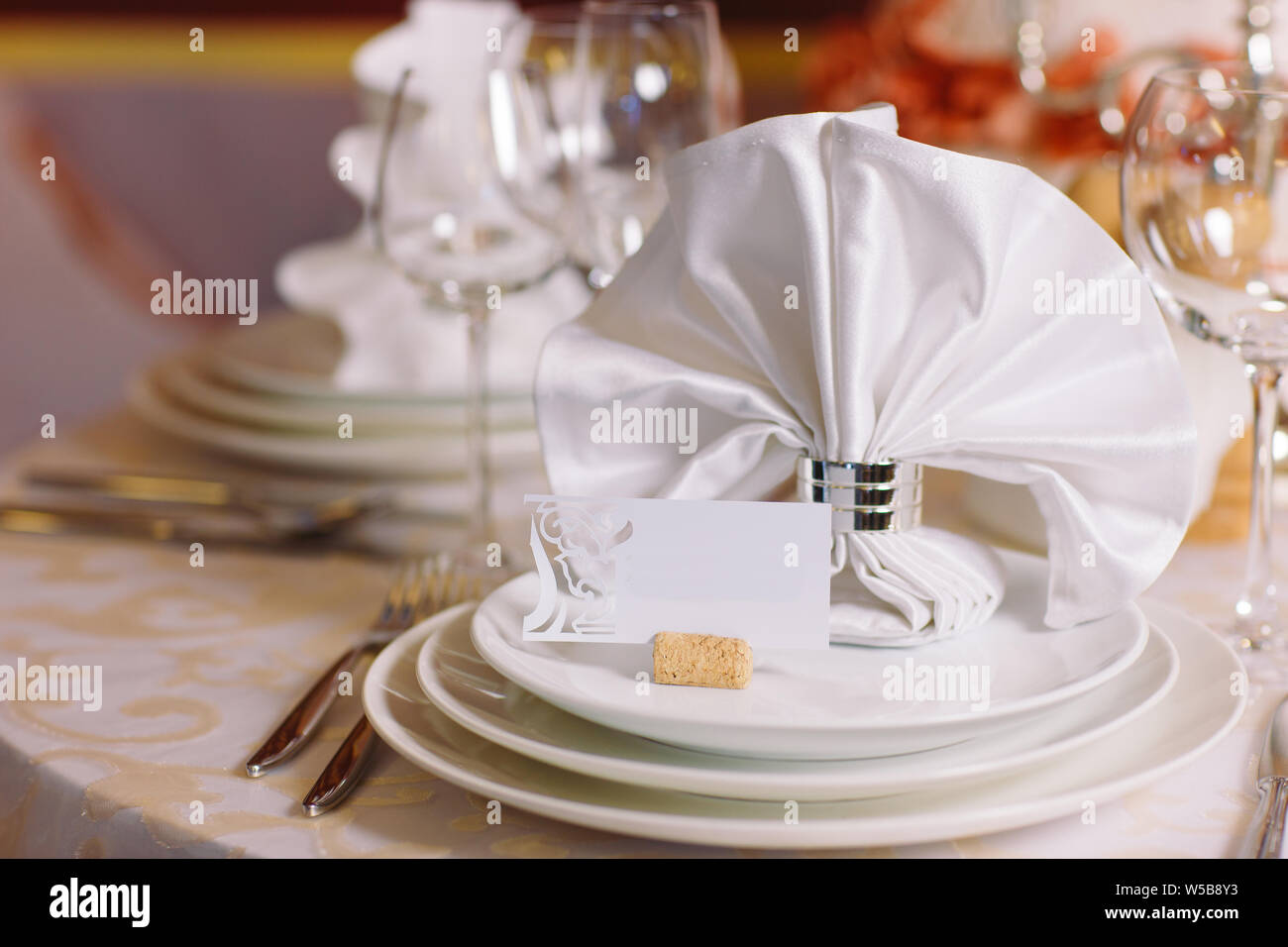 Beautiful table setting, close up. Table setting in the restaurant. Stock Photo