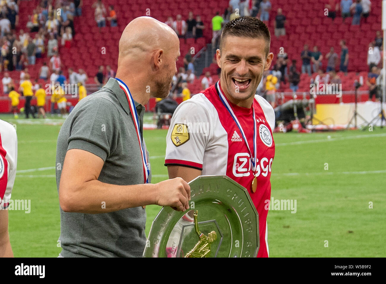 Amsterdam Netherlands 27th July 2019 Amsterdam Johan Cruijff Arena Johan Cruijff Schaal Dutch Supercup Season 2019 2020 Ajax Psv Ajax Coach Erik Ten Hag And Ajax Player Dusan Tadic During The Match