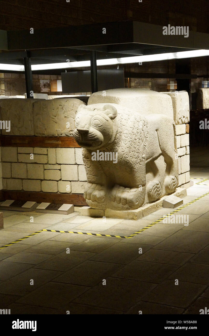 ANKARA, TURKEY - MAY 21, 2014 -  Lion door guardian from Aslantepe,Malatya,1200 BCE,  Museum of Anatolian Civilization, Ankara, Turkey Stock Photo