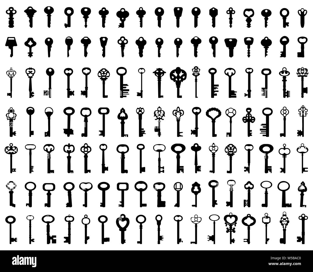 Set of black silhouettes of door keys on a white background Stock Photo
