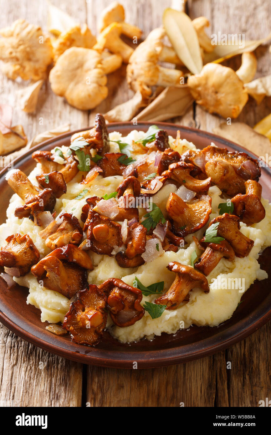 Vegetarian food mashed potatoes with fried chanterelles and parsley closeup on a plate on the table. vertical Stock Photo
