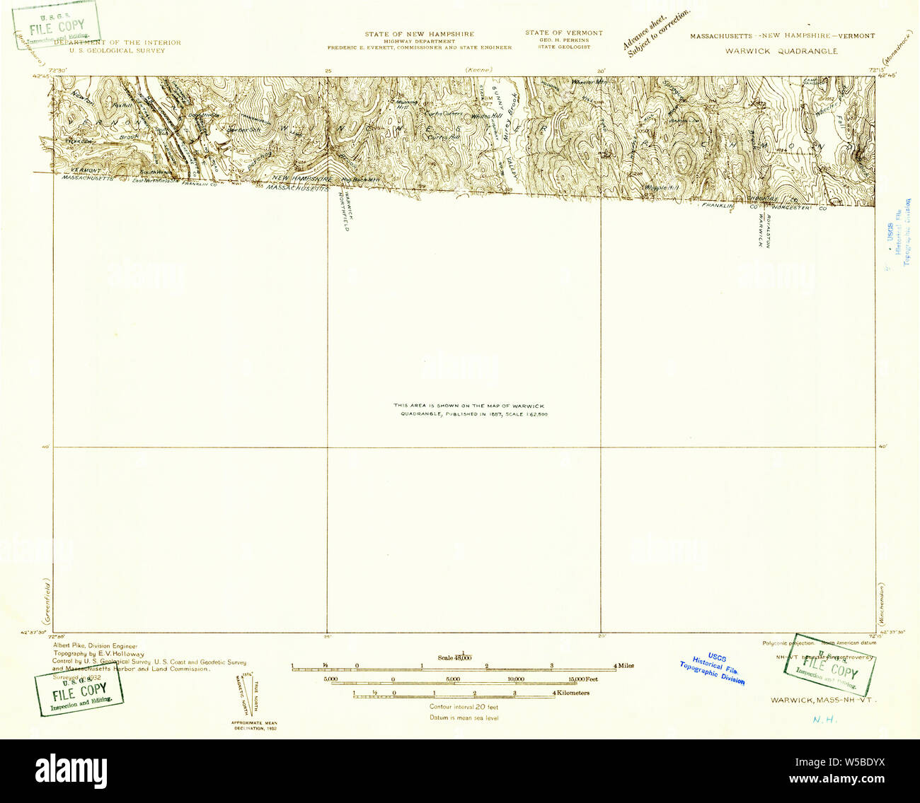 Massachusetts  USGS Historical Topo Map MA Warwick 352419 1932 48000 Restoration Stock Photo