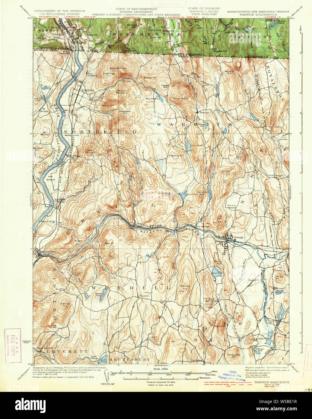 Massachusetts  USGS Historical Topo Map MA Warwick 353072 1935 62500 Restoration Stock Photo
